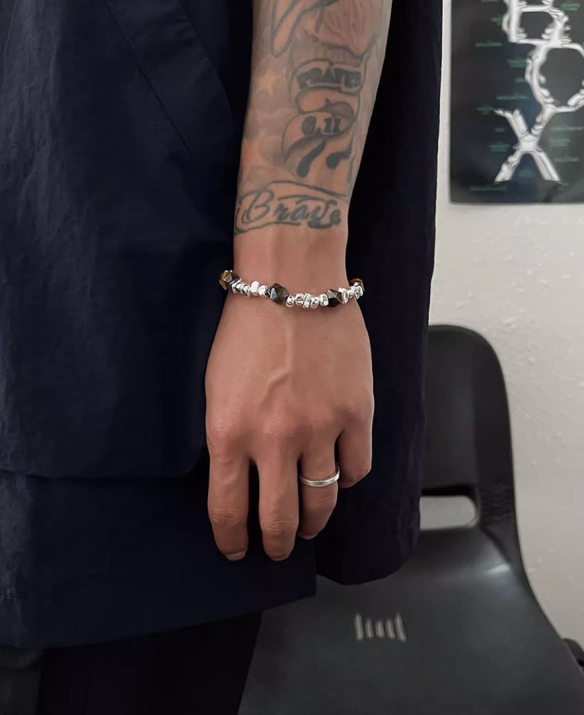 手链男碎银拼接银胆石手串女中式简约复古设计钛钢高级感百搭配饰