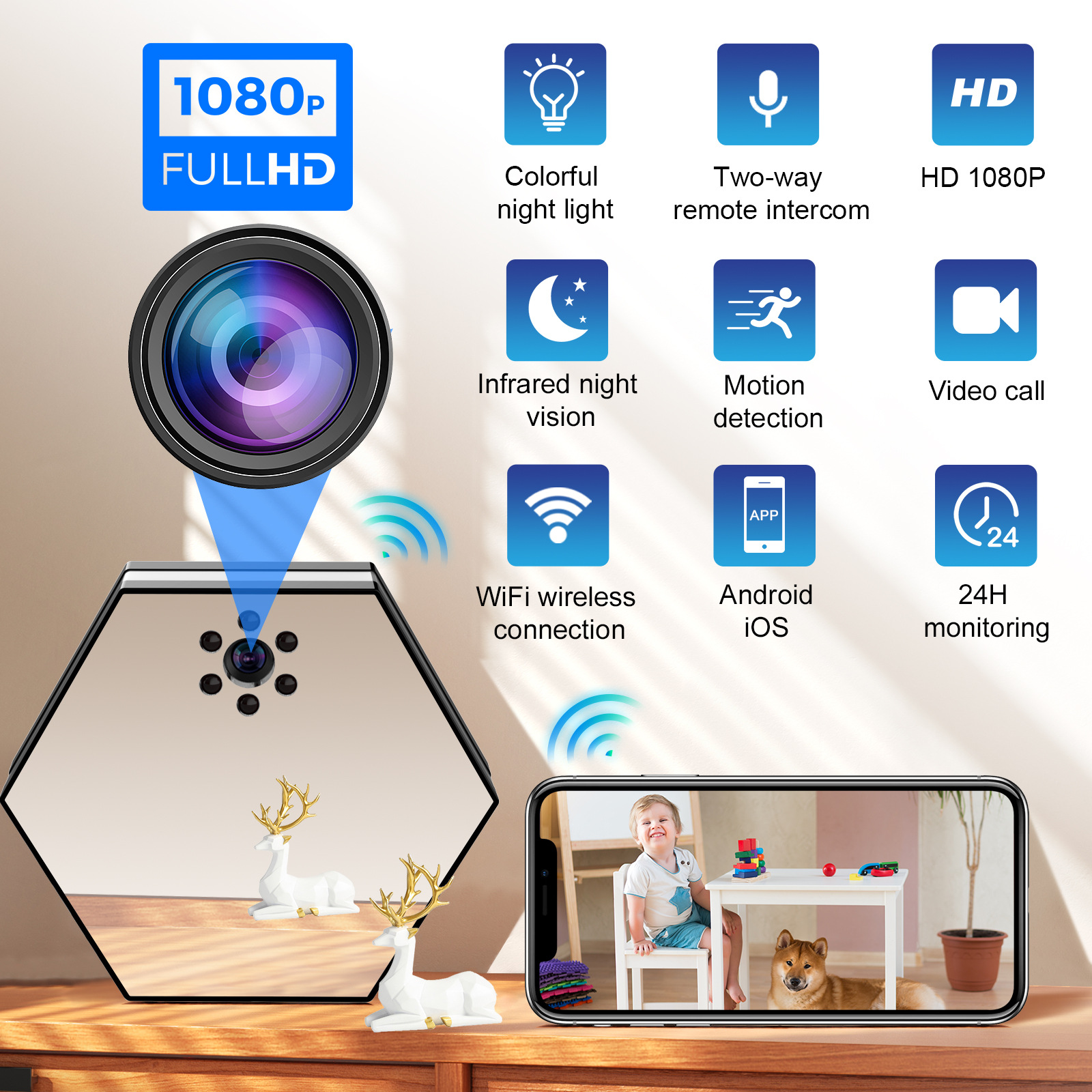 RGB atmosfer ışığı kamera, WiFi, HD, gece görüşü