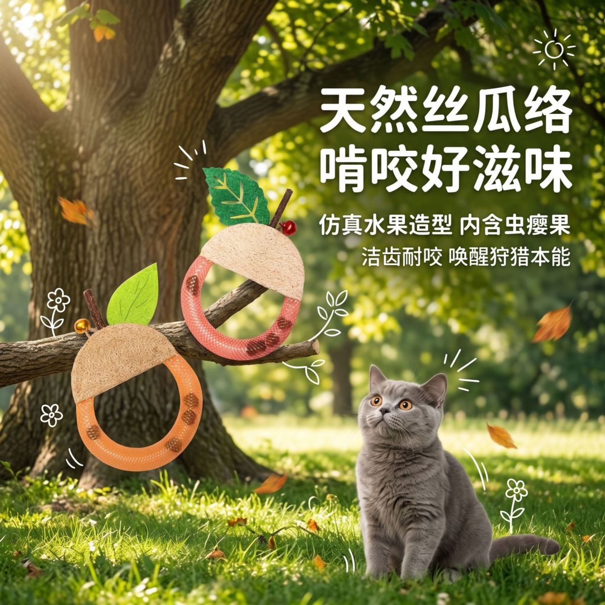 天然丝瓜络猫啃咬玩具木天蓼虫瘿果洁齿磨牙水果造型自嗨解闷用品