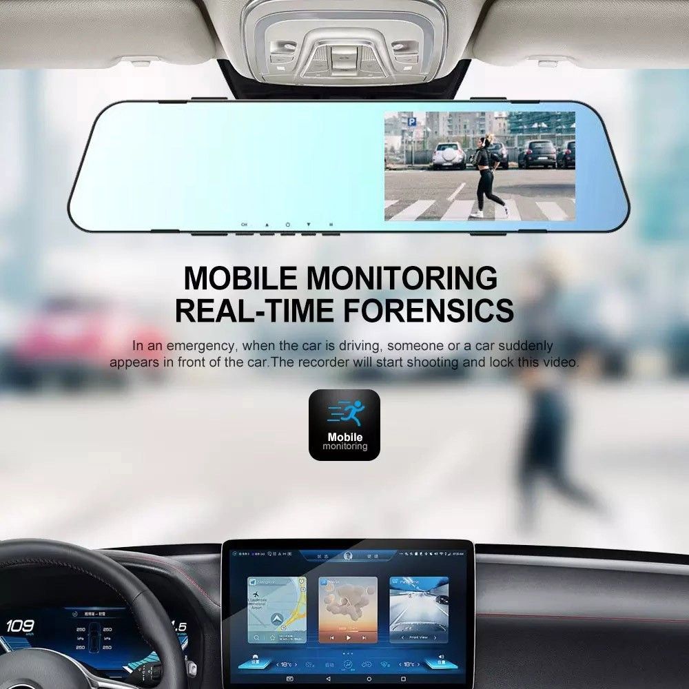 Dual-channel dash cam front-rear, 5-inch screen, loop recording