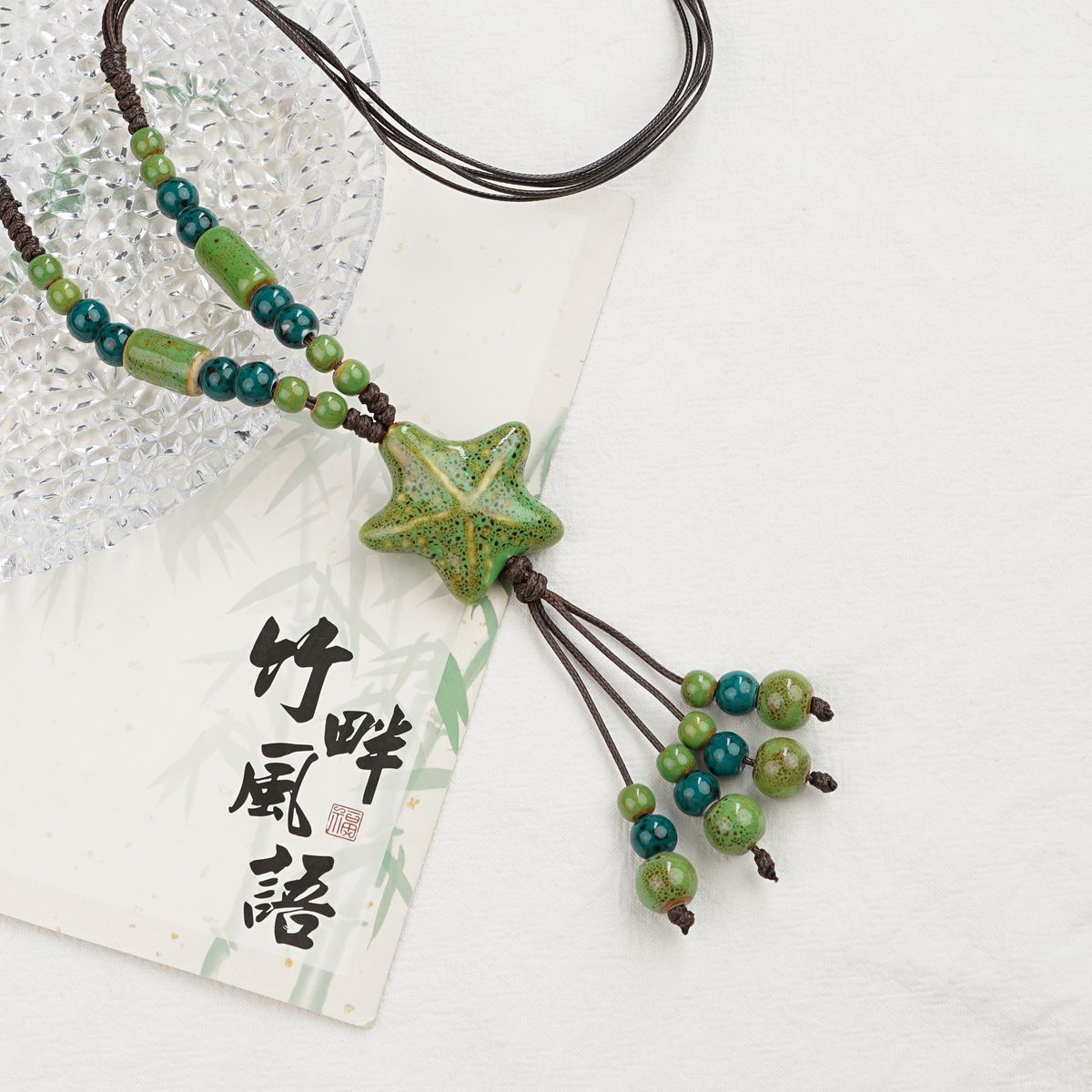 Jingdezhen ceramic mushroom pendant, Chinese style long sweater chain