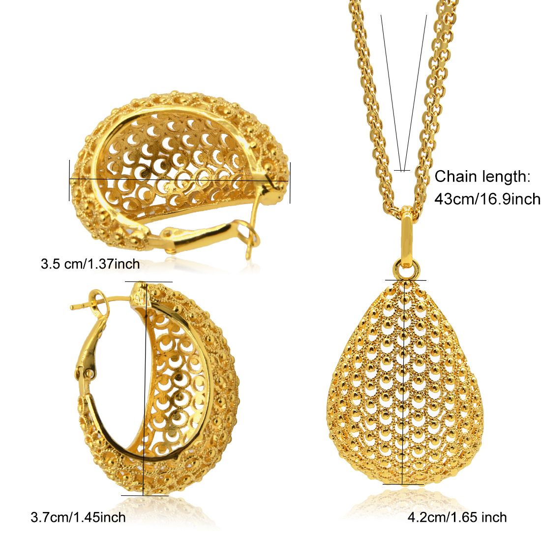 24K altın kaplı bakır takı seti kolye küpe geometrik