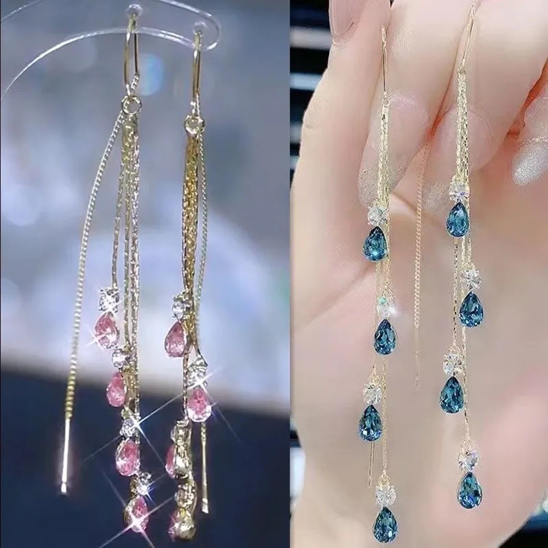 Blauer Wassertropfen-Quasten-Ohrhänger koreanisch elegant
