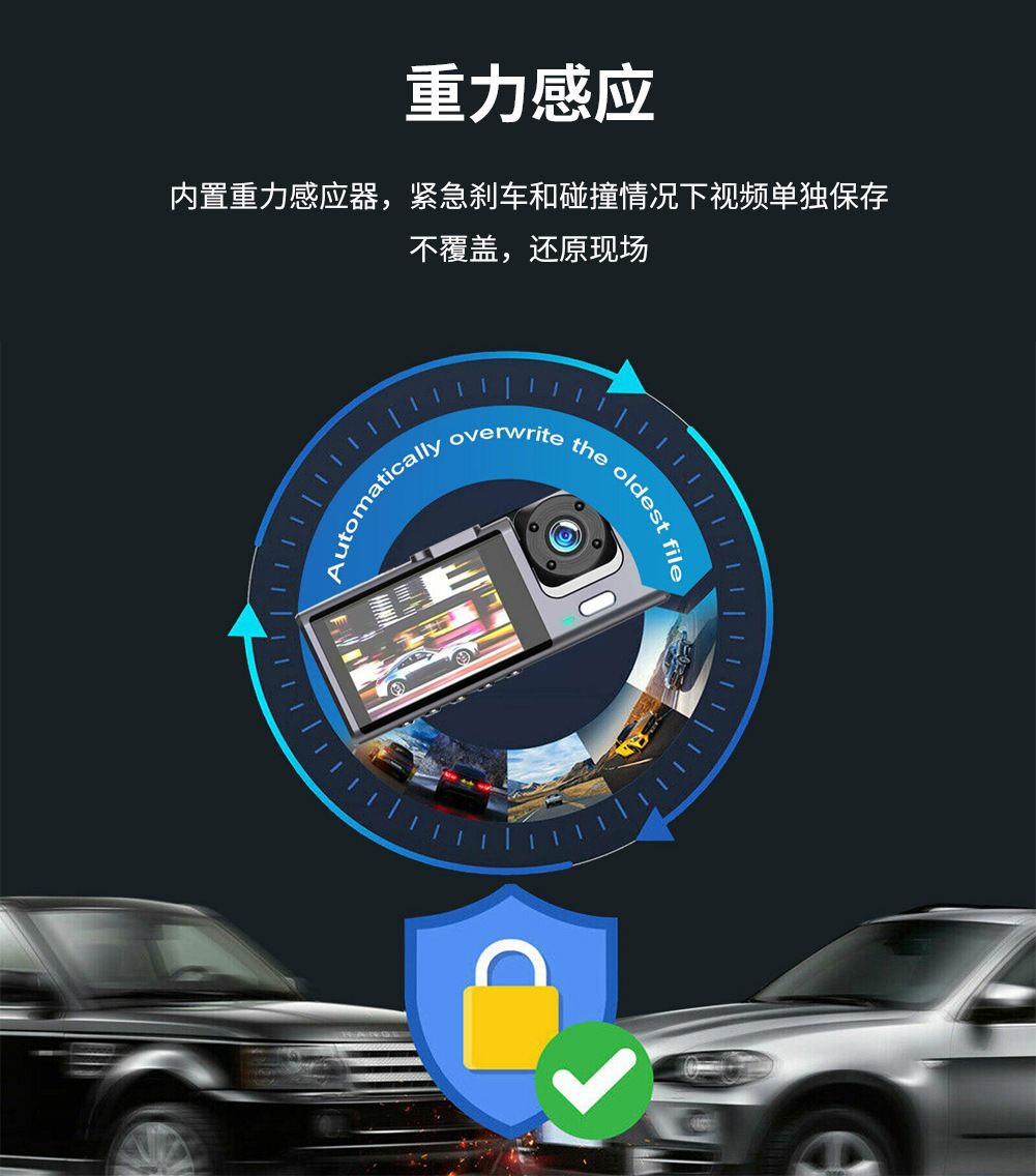 Three-lens dash cam, wireless, night vision, WiFi connected