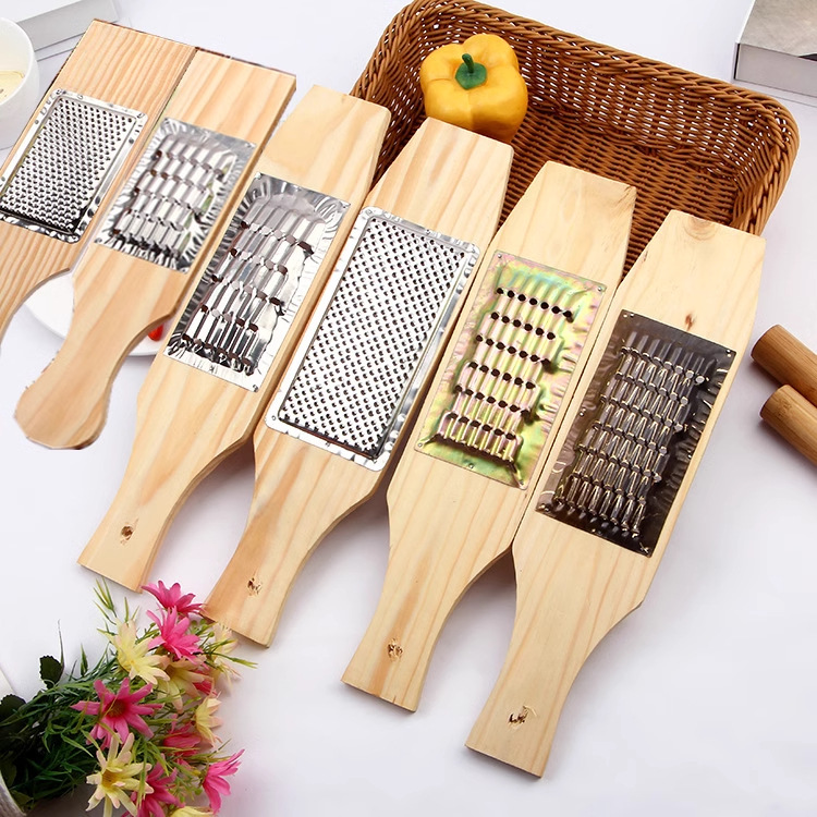 Stainless steel vegetable grater set, multifunctional, wooden base