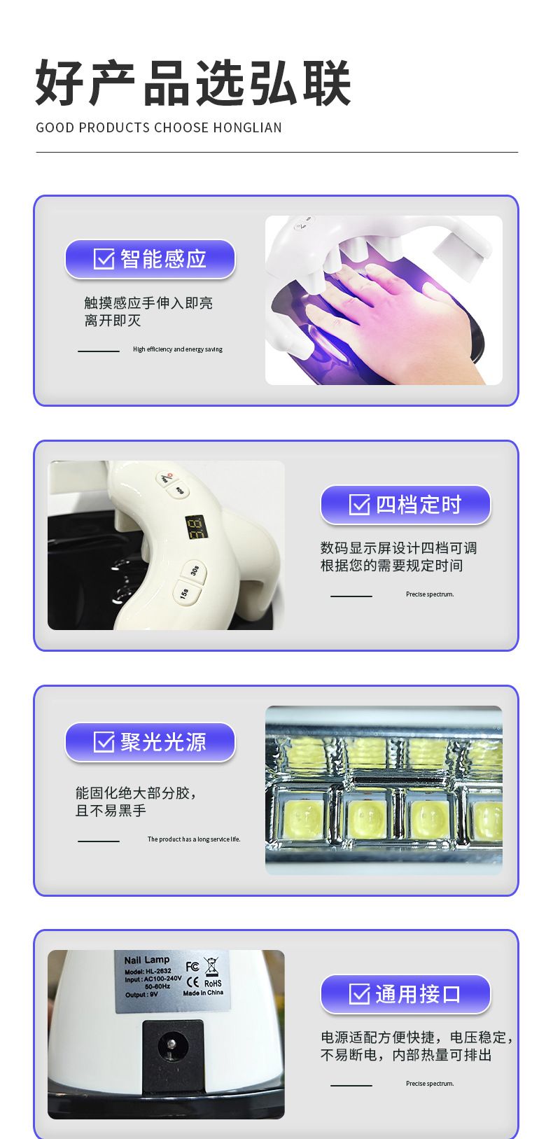 Nail phototherapy lamp with automatic sensor, LED, non-yellowing