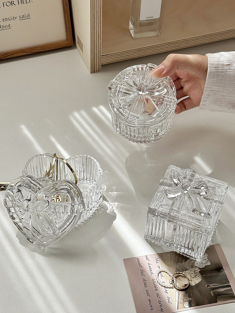 Schmuckschatulle aus Glas, Herzform mit Schleife, europäischer Stil