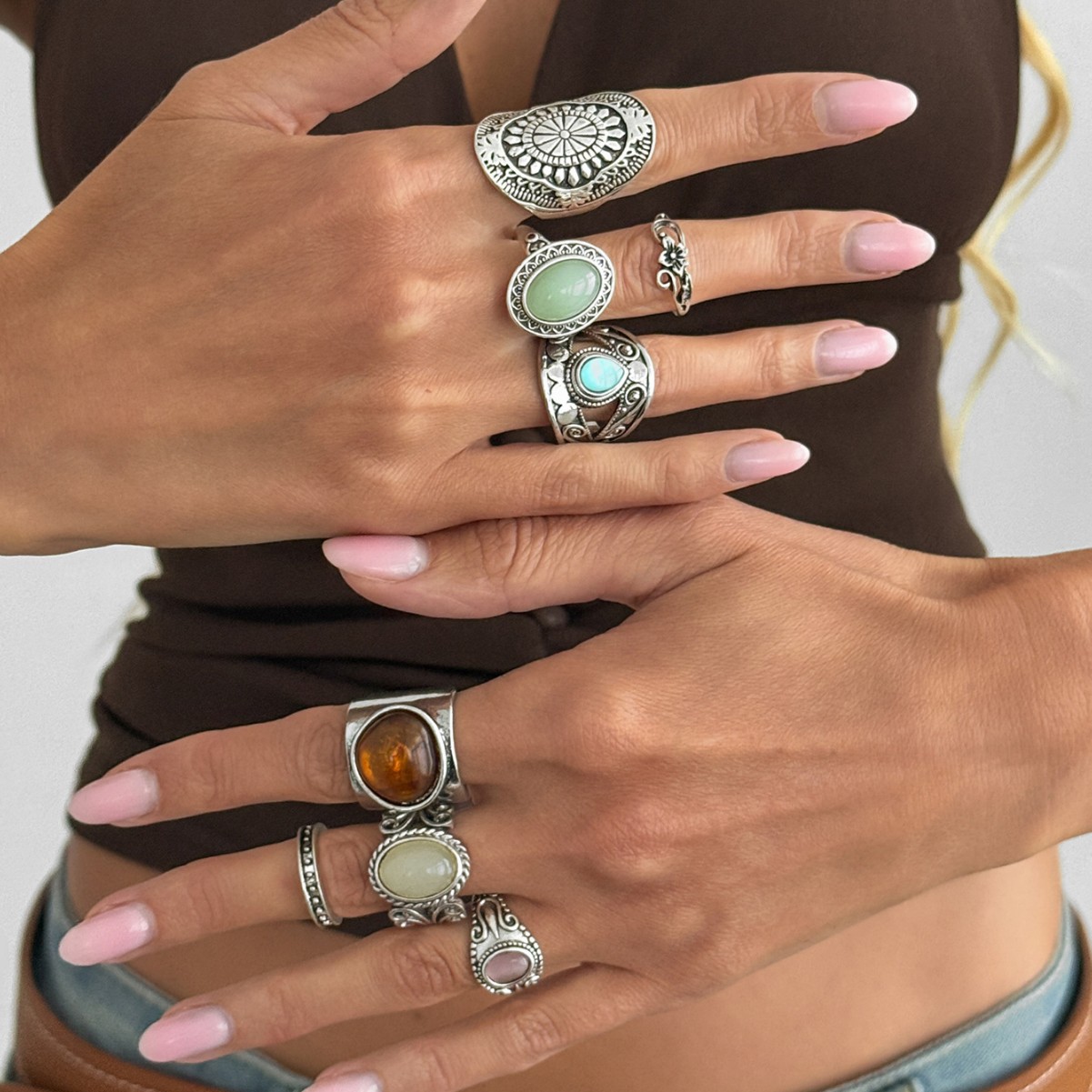 Antique silver carved wide band ring, cat's eye stone, stackable