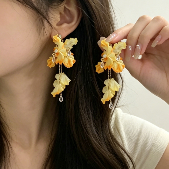 Fabric flower earrings, spring summer style, lightweight luxury
