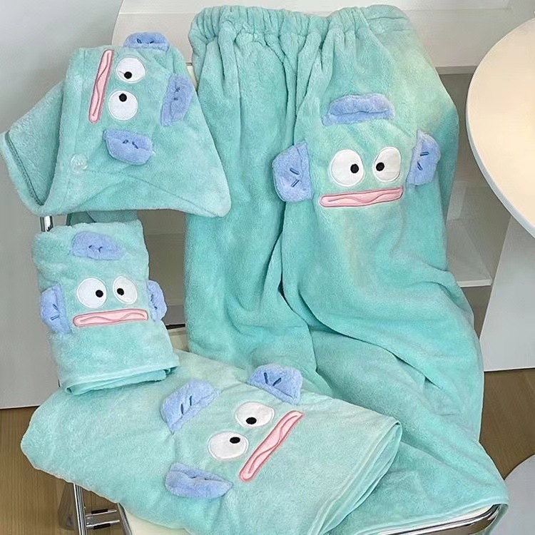 可穿可裹珊瑚绒丑鱼浴巾女毛巾干发帽三件套新款大人吸水浴裙