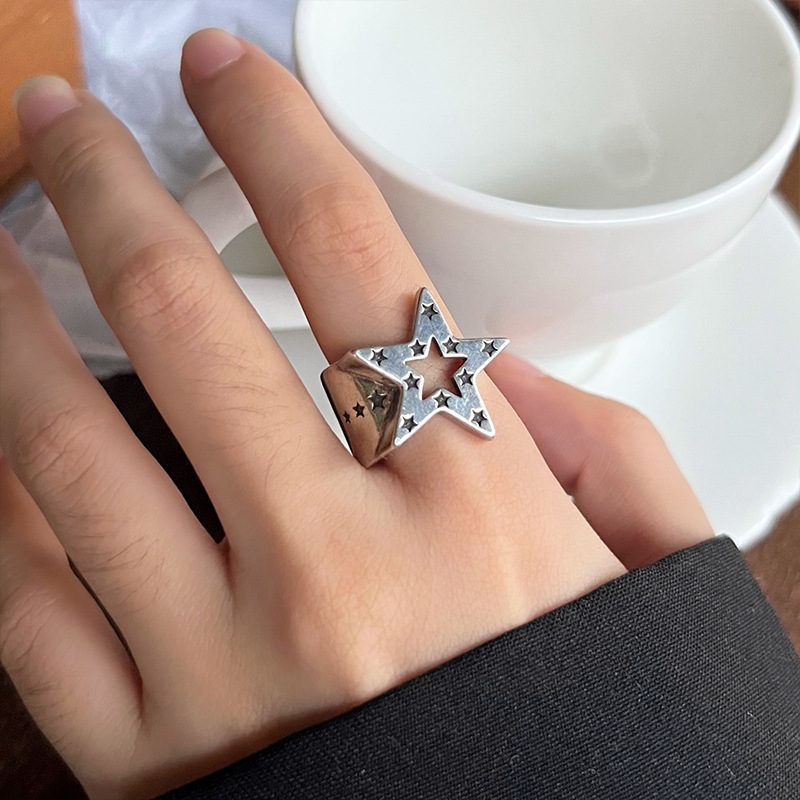 Five-pointed star 925 silver ring, hip-hop design