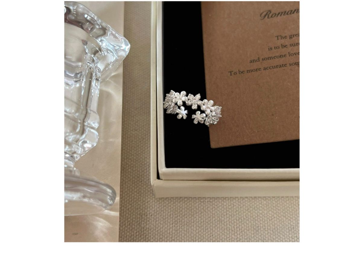 S925 sterling silver brushed flower open ring for women