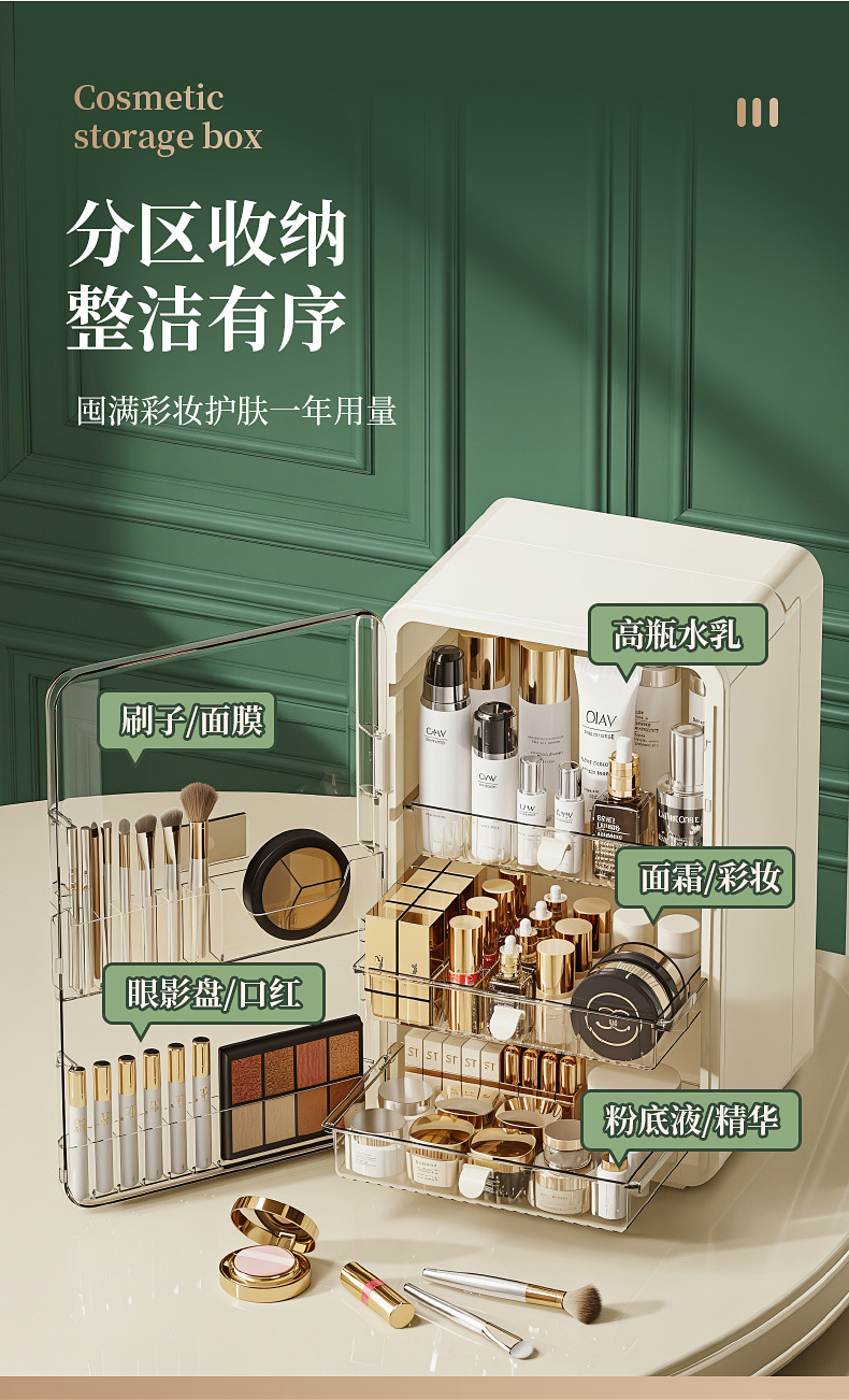 Cosmetic storage box, large capacity, collapsible, dustproof