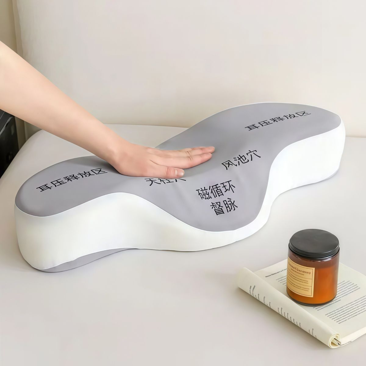 Memory foam pillow, cervical spine correction with massage
