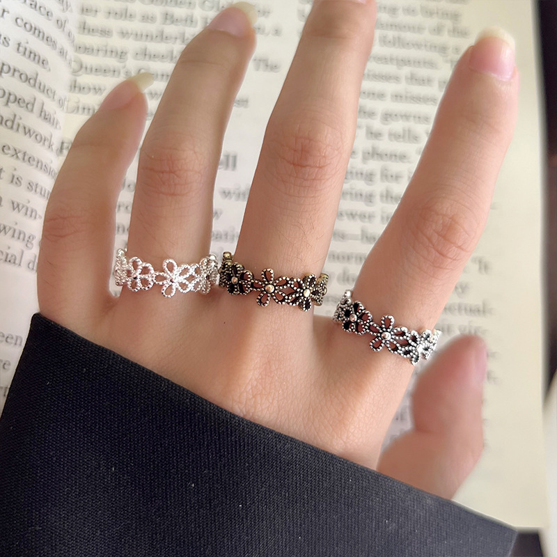 Lanzhi snowflake pattern 925 silver retro ring