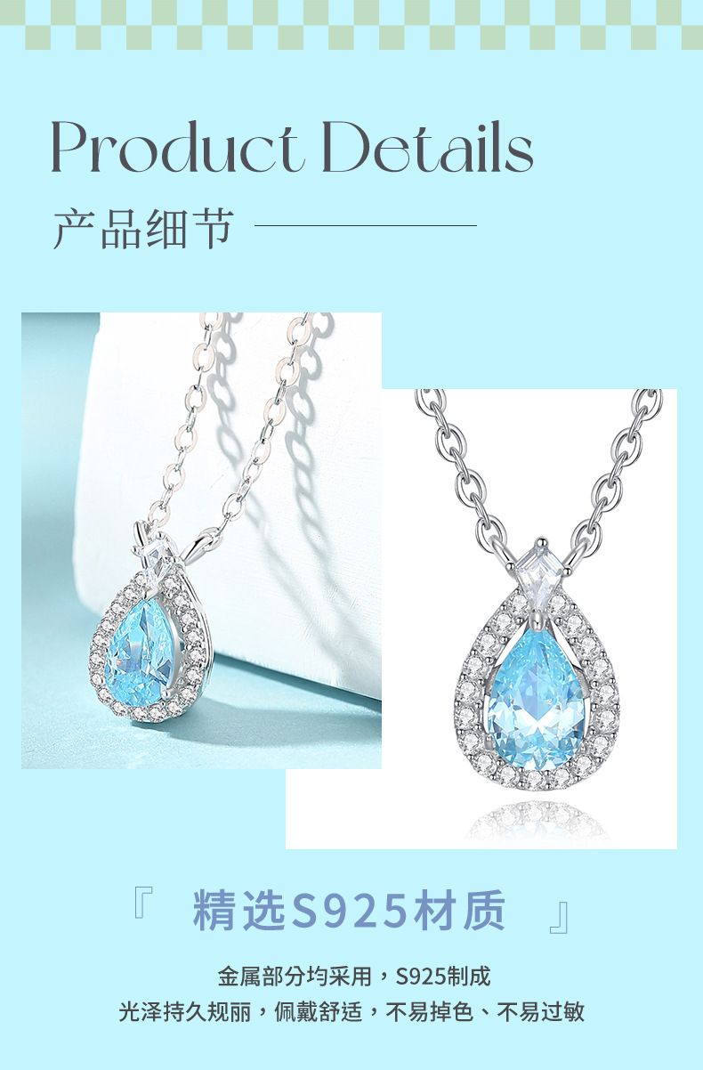 S925 sterling silver blue teardrop necklace and bracelet set