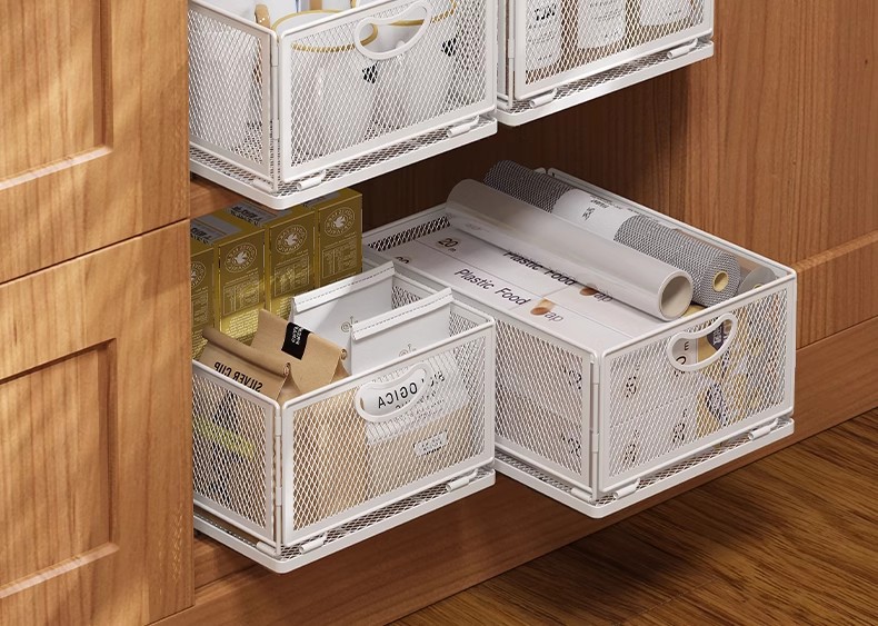 Foldable metal storage basket for kitchen and bathroom