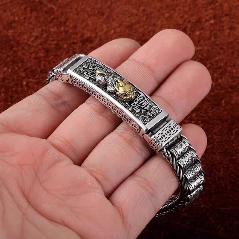 Pixiu silver bracelet, 18 beads, vintage design, wide band