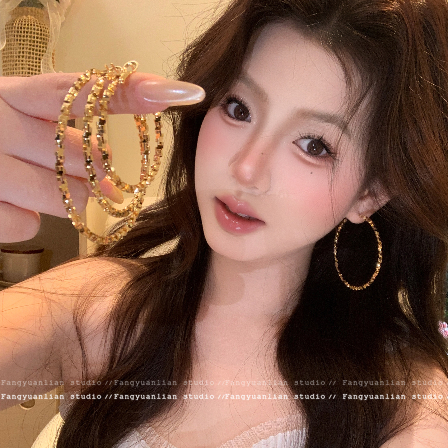 s925银针碎银子圈圈耳环夸张百搭素圈耳圈小众高级感轻奢耳钉耳饰