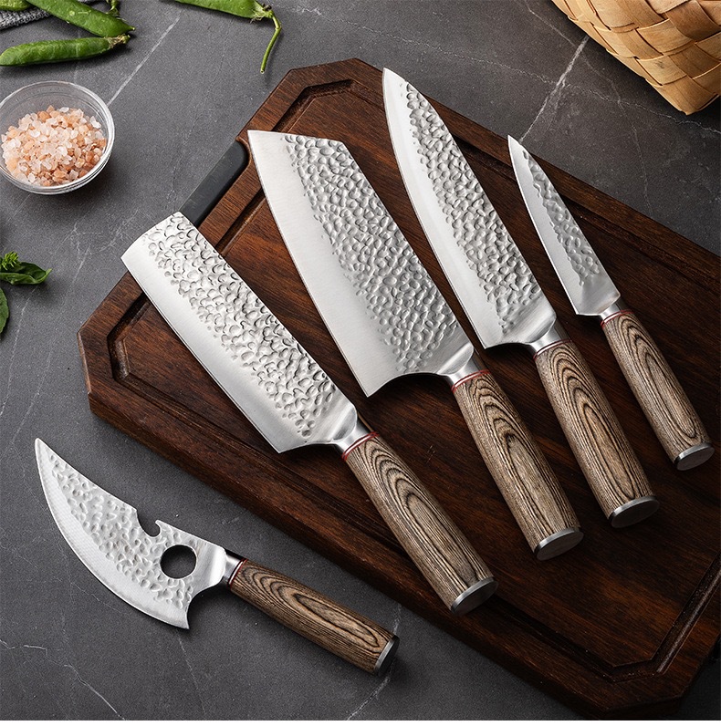 Colorful wooden handle hammer-textured steel kitchen knife set santoku