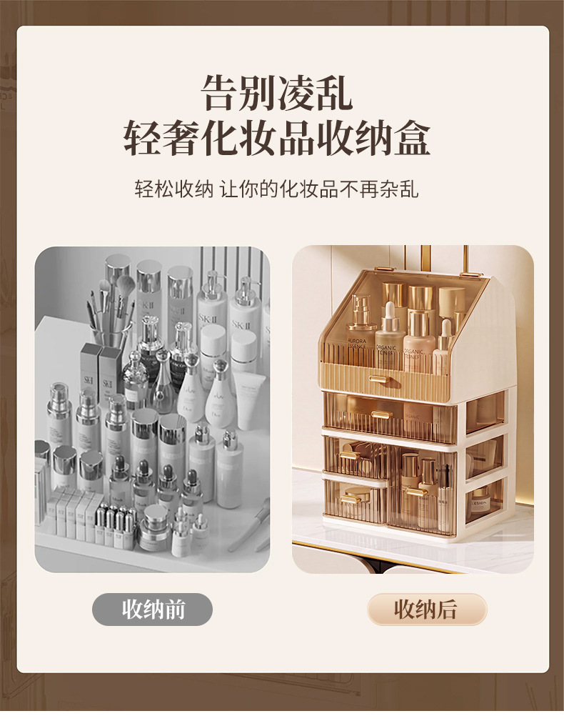 Cosmetics storage box, dustproof, large capacity, desktop organizer