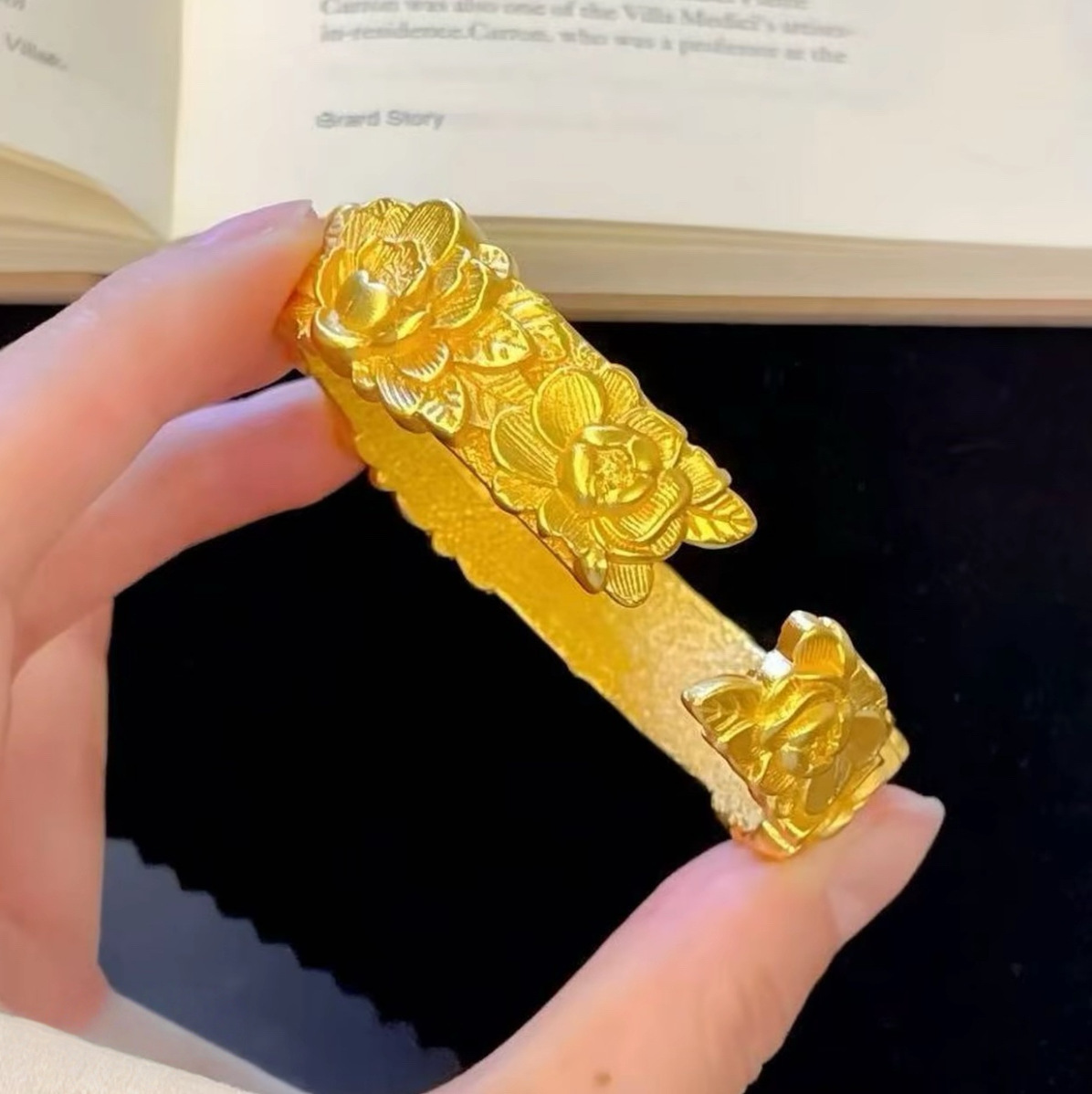 3D carved peony bracelet, solid gold-colored Chinese style