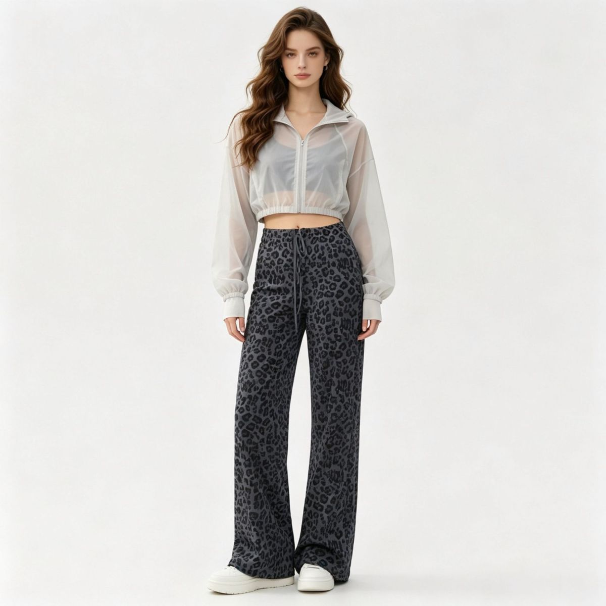 Damen-Yogahose mit Leopardenmuster und weitem Bein, hohe Taille