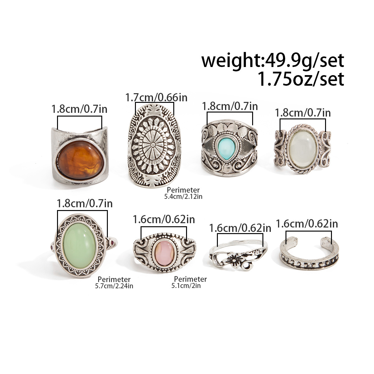 Antique silver carved wide band ring, cat's eye stone, stackable