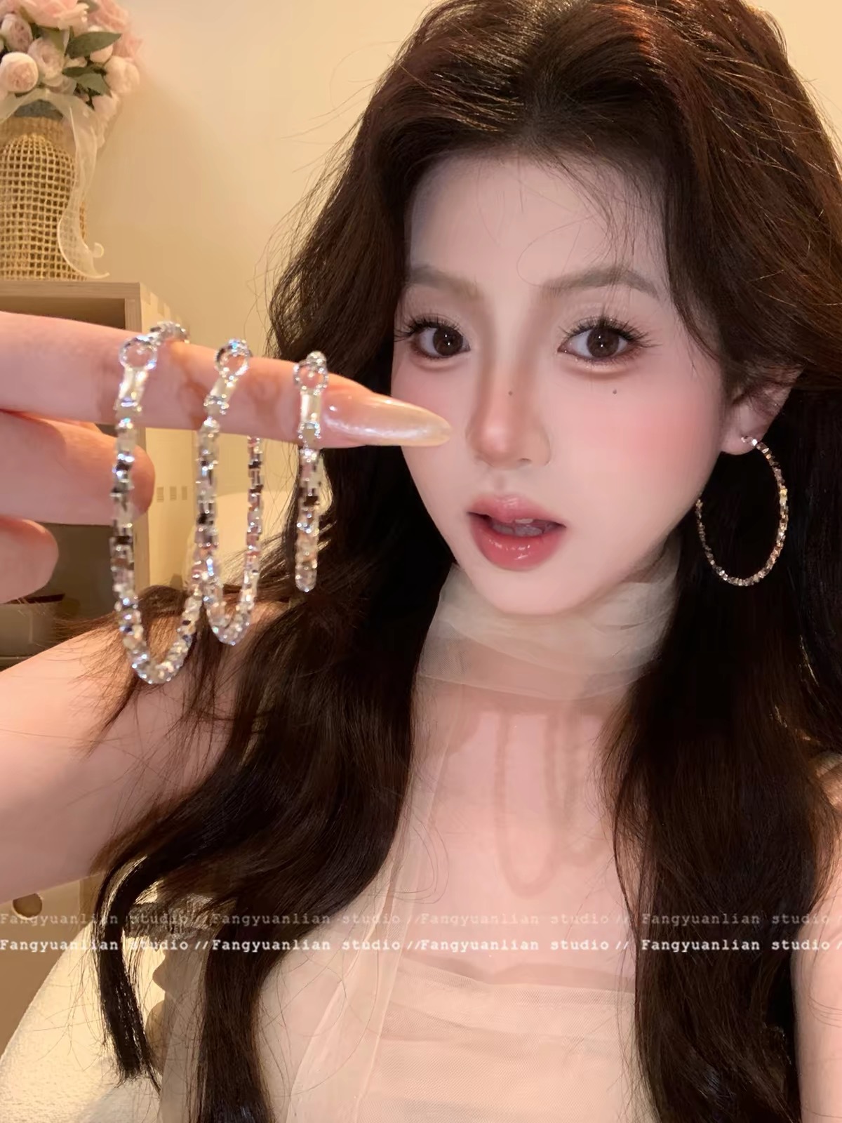 s925银针碎银子圈圈耳环夸张百搭素圈耳圈小众高级感轻奢耳钉耳饰