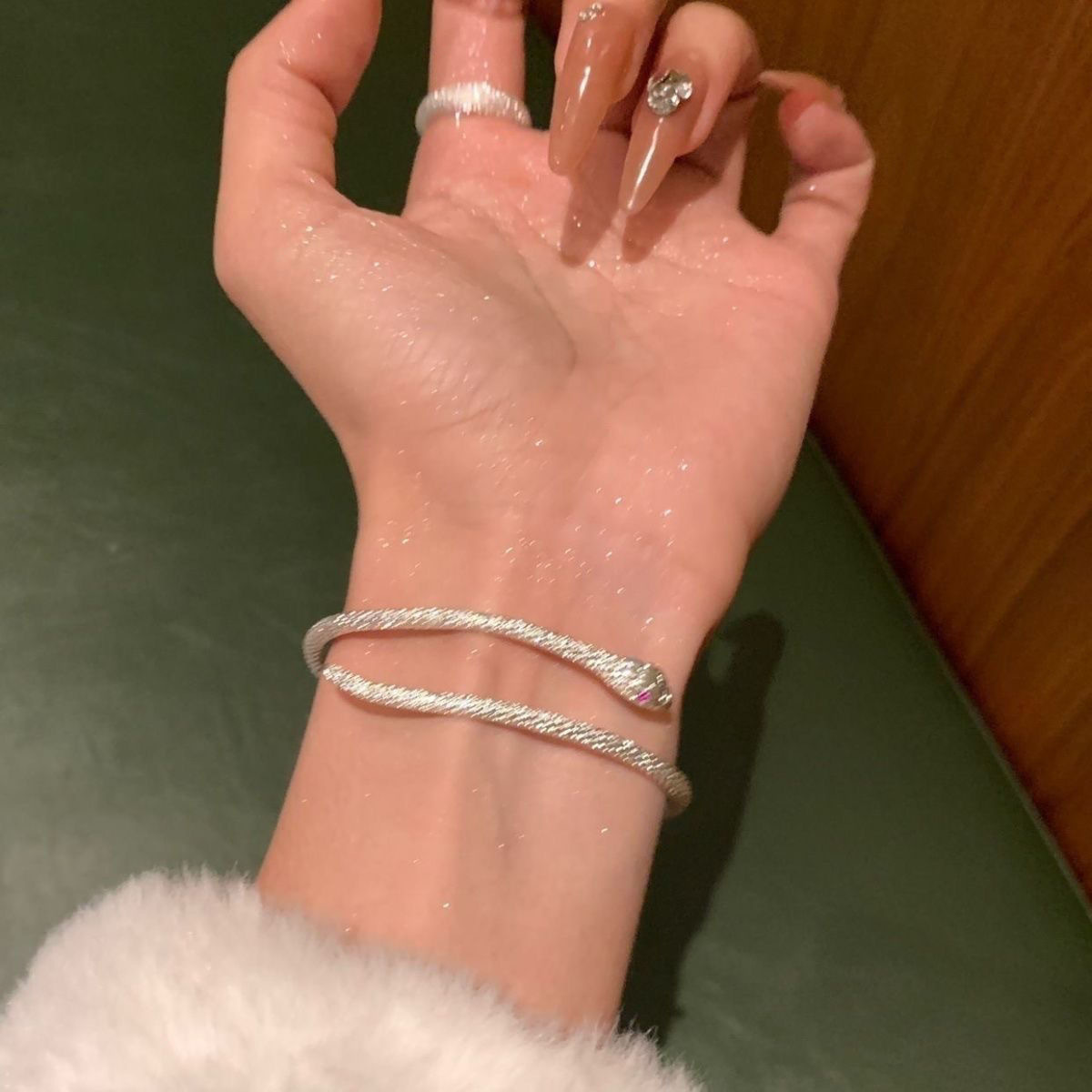 Silver snake bracelet, adjustable, textured design