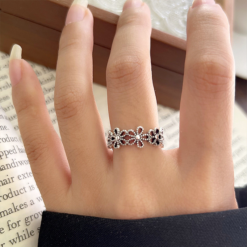 Lanzhi snowflake pattern 925 silver retro ring