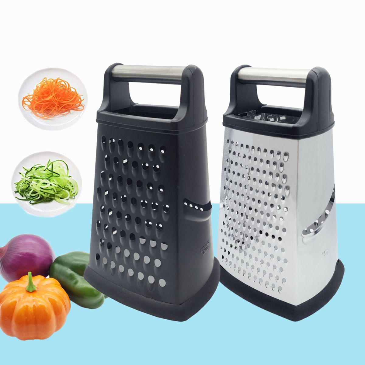 Grater, stainless steel, 9 inch, four-sided, vegetable chopper