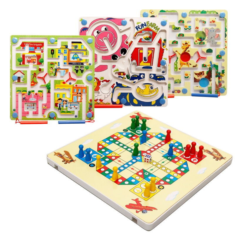 Wooden double-sided magnetic ring maze game with ball and flying chess