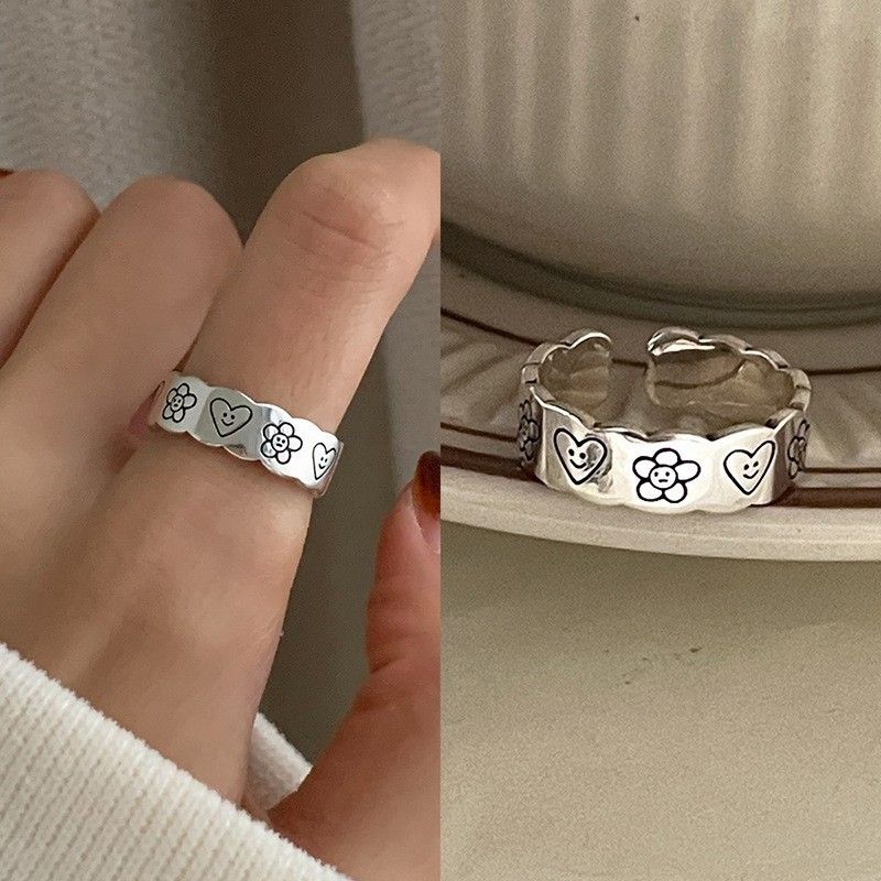 S925纯银法式素圈戒指女时尚高级个性小众ins风复古重工食指戒指