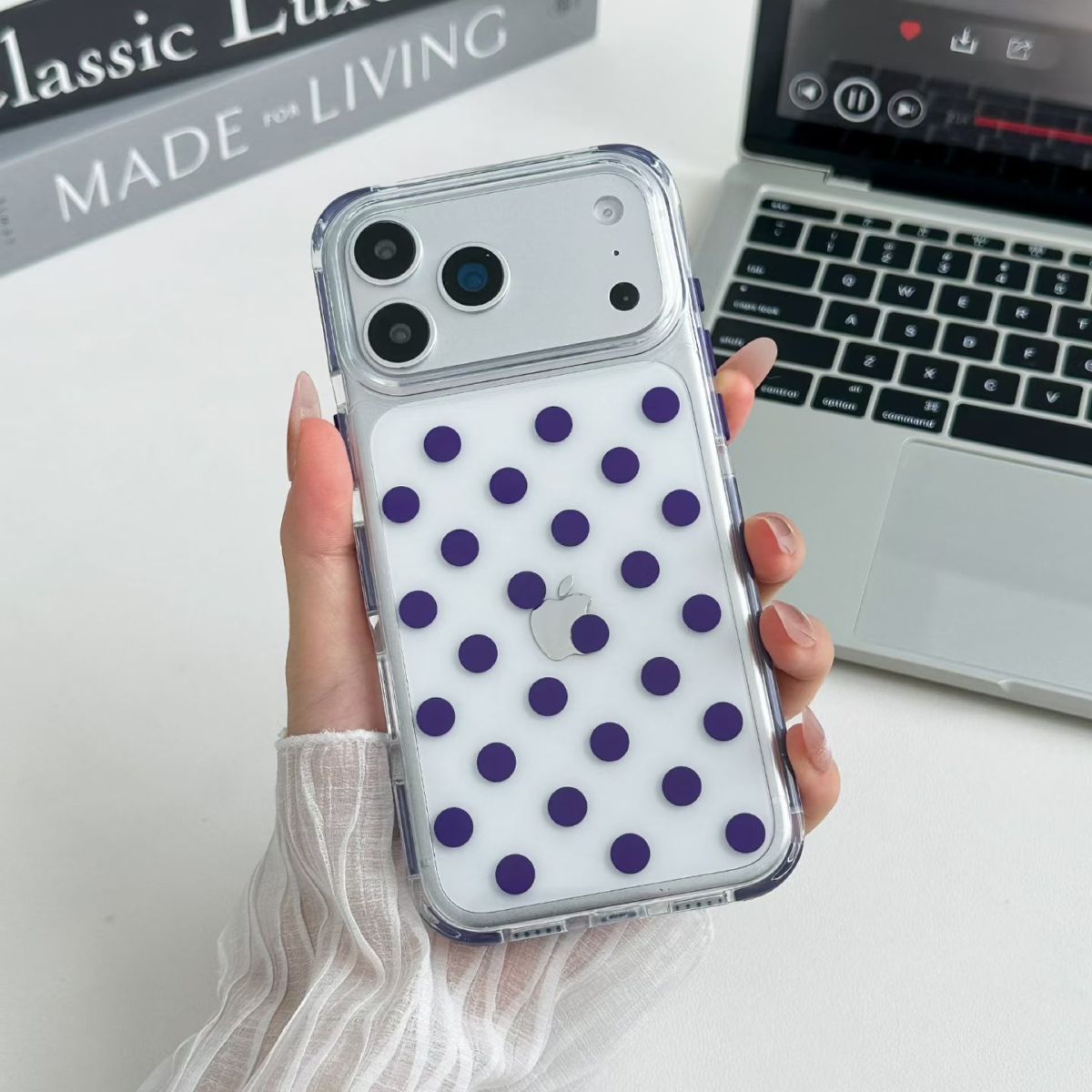iPhone 17 women's phone case, camera protection, green dot pattern