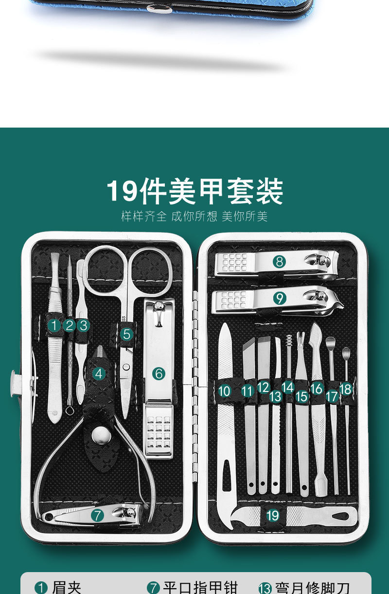 Nail clipper set, stainless steel, 19-piece manicure kit