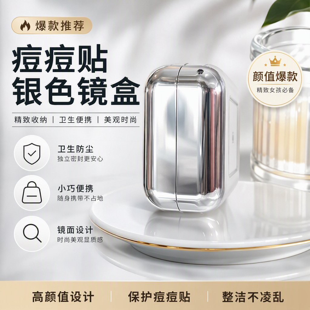 爆款翻盖银色痘痘贴镜盒翻盖高光修容遮瑕空盒4粒痘痘贴专用批发