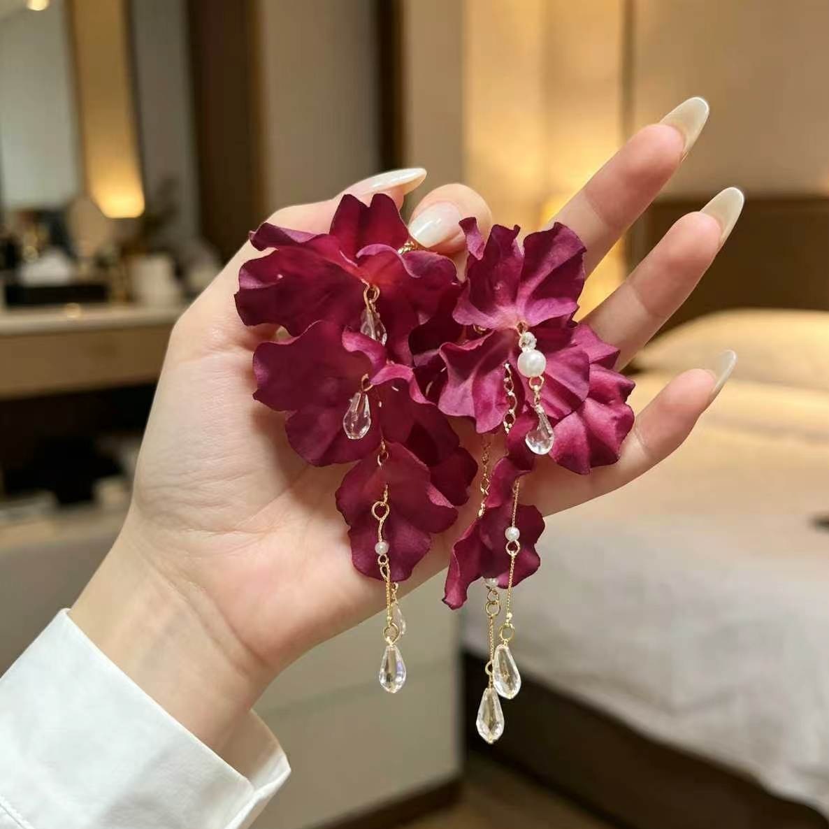 Fabric flower earrings, spring summer style, lightweight luxury