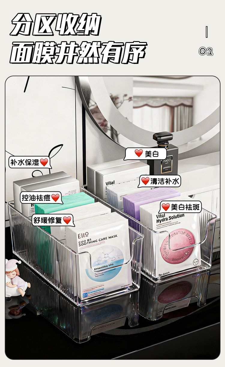 Cosmetics organizer box, transparent, compartmented