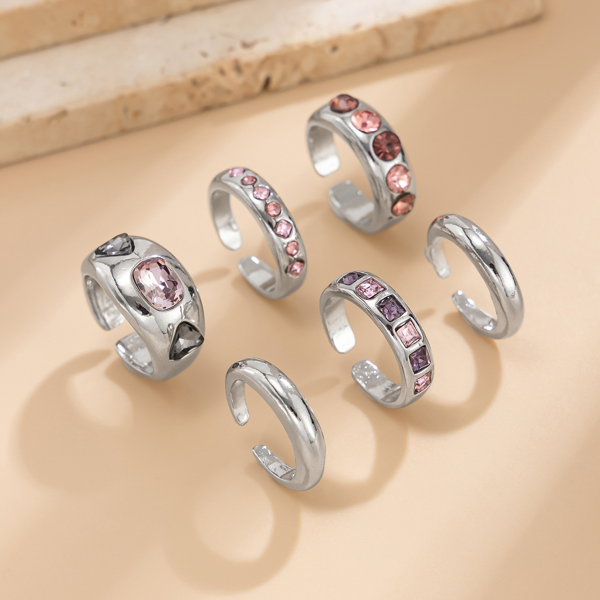 欧美跨境时尚ins风彩色宝石镶嵌戒指套装 金属质感光面指环Rings