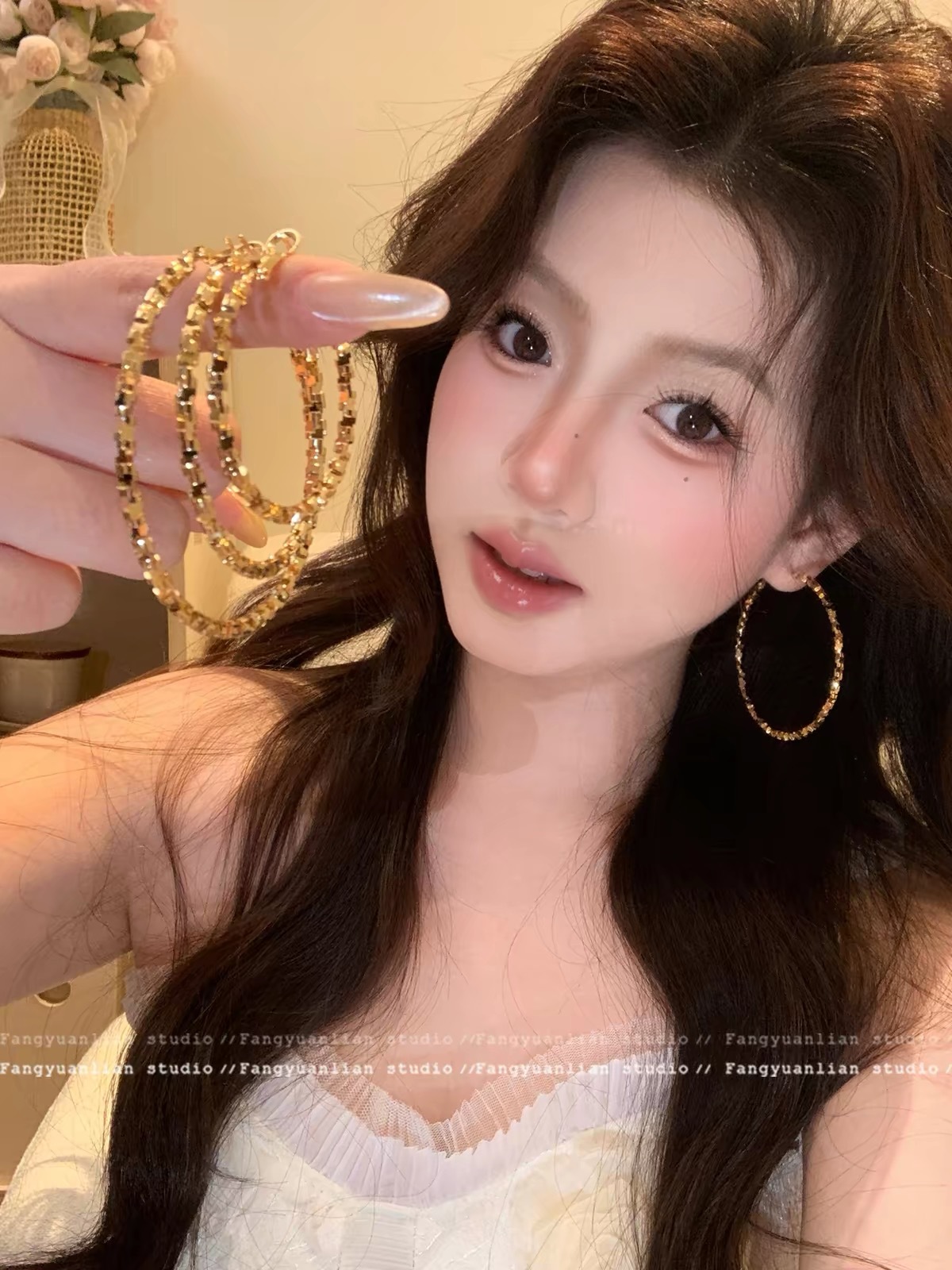 s925银针碎银子圈圈耳环夸张百搭素圈耳圈小众高级感轻奢耳钉耳饰