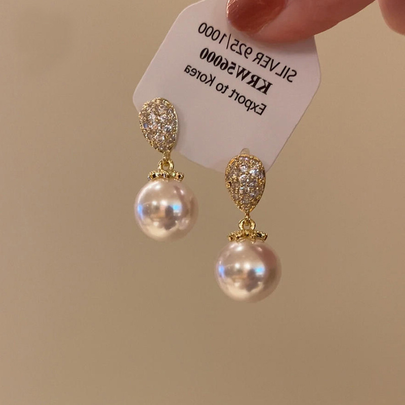 Pearl earrings, S925 silver studs, zircon accents