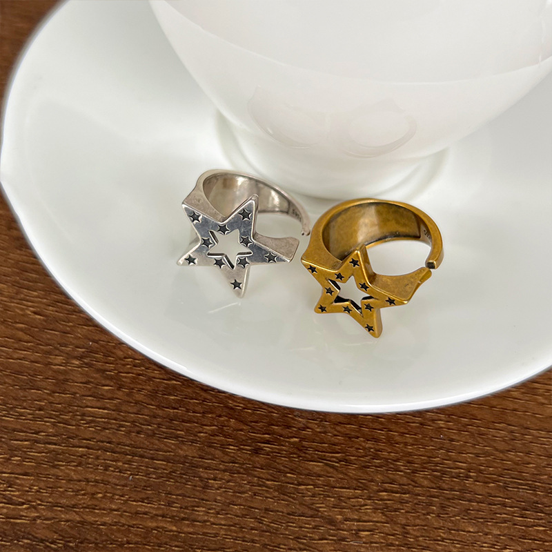 Five-pointed star 925 silver ring, hip-hop design