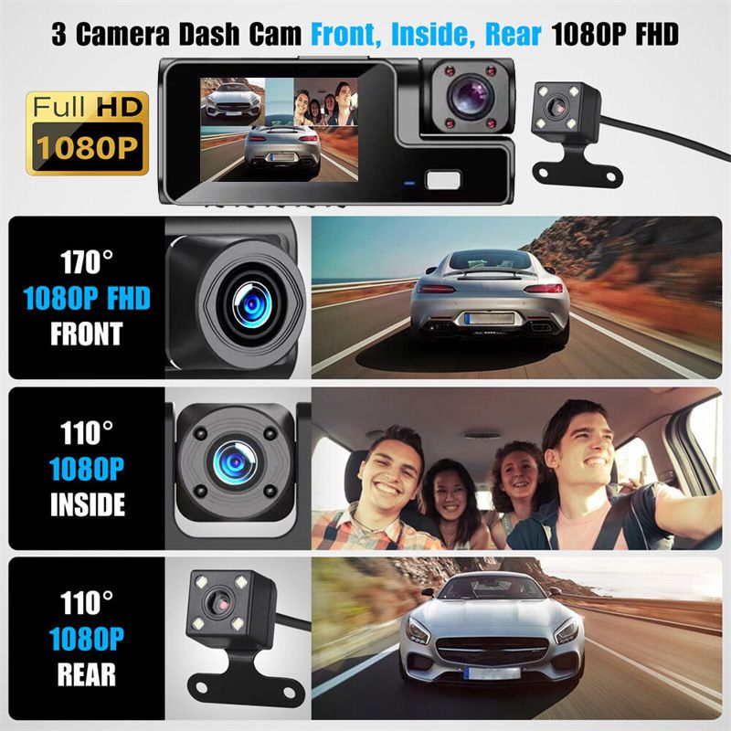 Dashcam, 3-lens, Full HD backup camera, smartphone connected