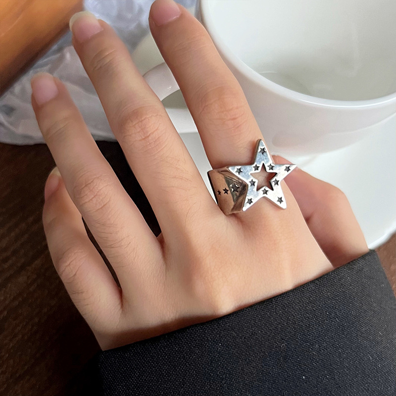 Five-pointed star 925 silver ring, hip-hop design