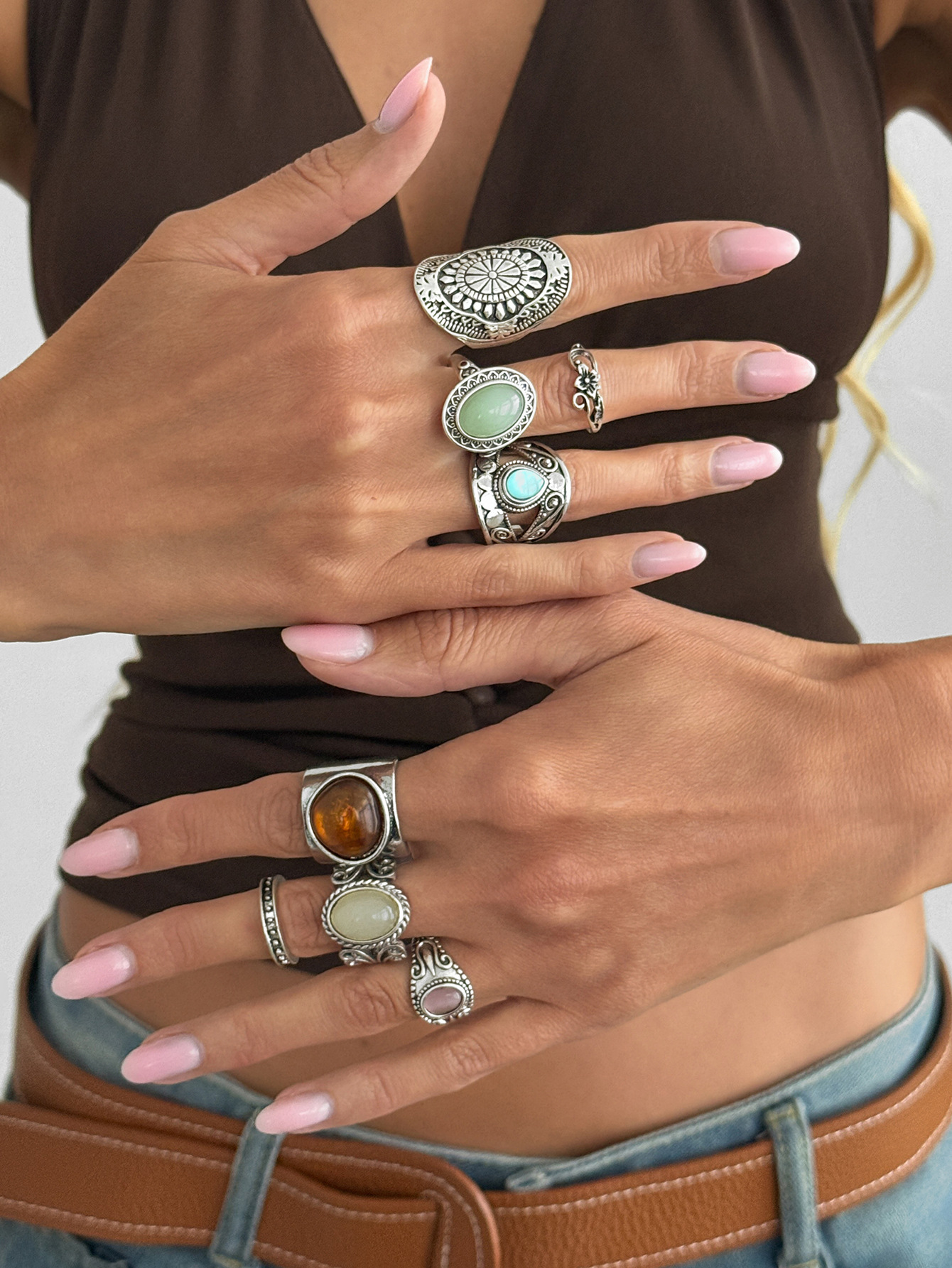 Antique silver carved wide band ring, cat's eye stone, stackable