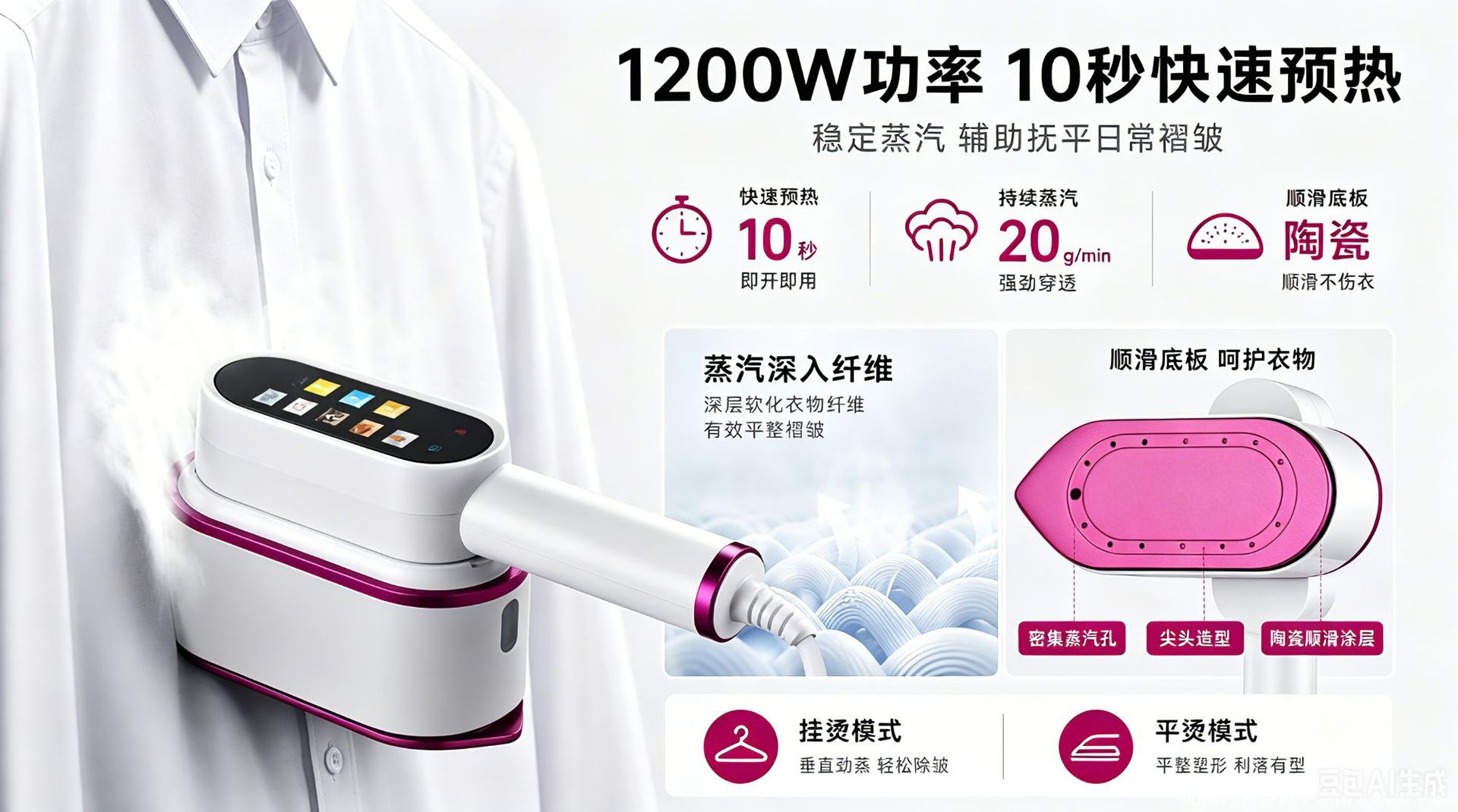 Foldable handheld garment steamer, touch screen, portable