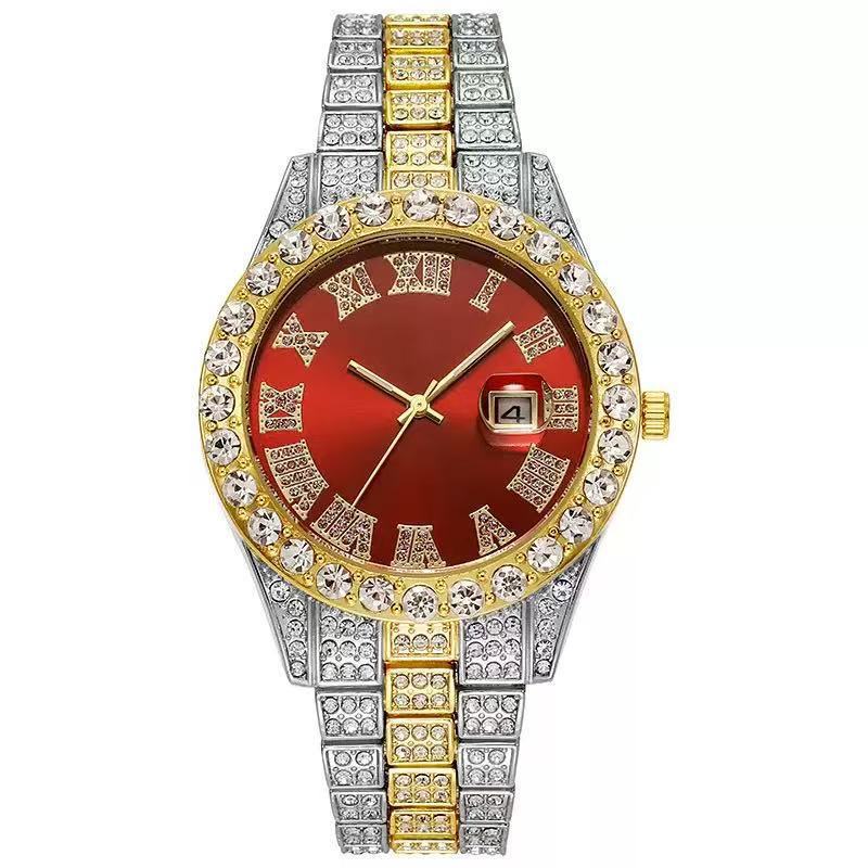 Men's quartz watch with crystals calendar roman numerals