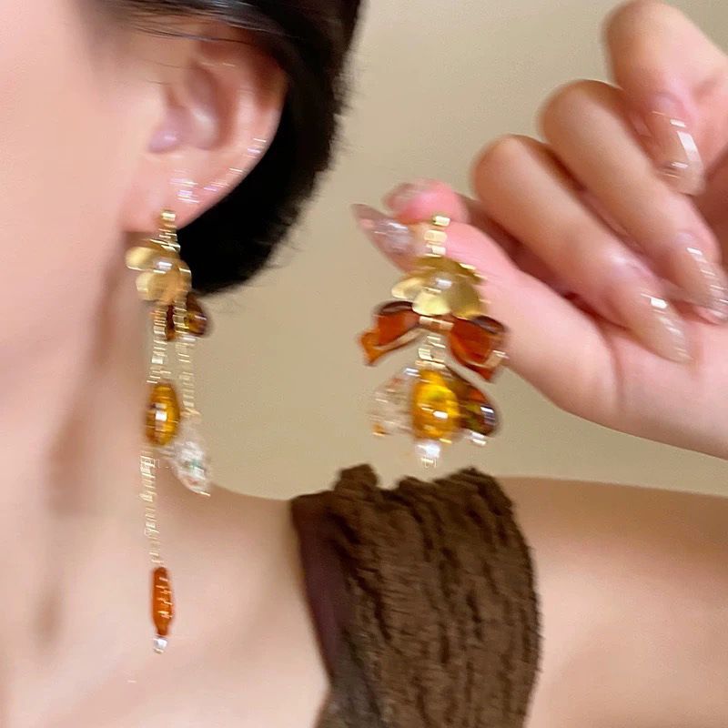 银针树脂虎眼石不对称耳环美拉德复古个性百搭耳钉轻奢高级感耳饰