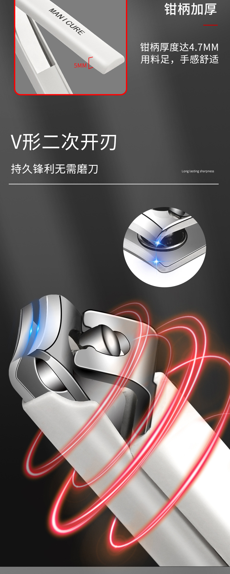 Nail clipper set, angled mouth anti-splash design